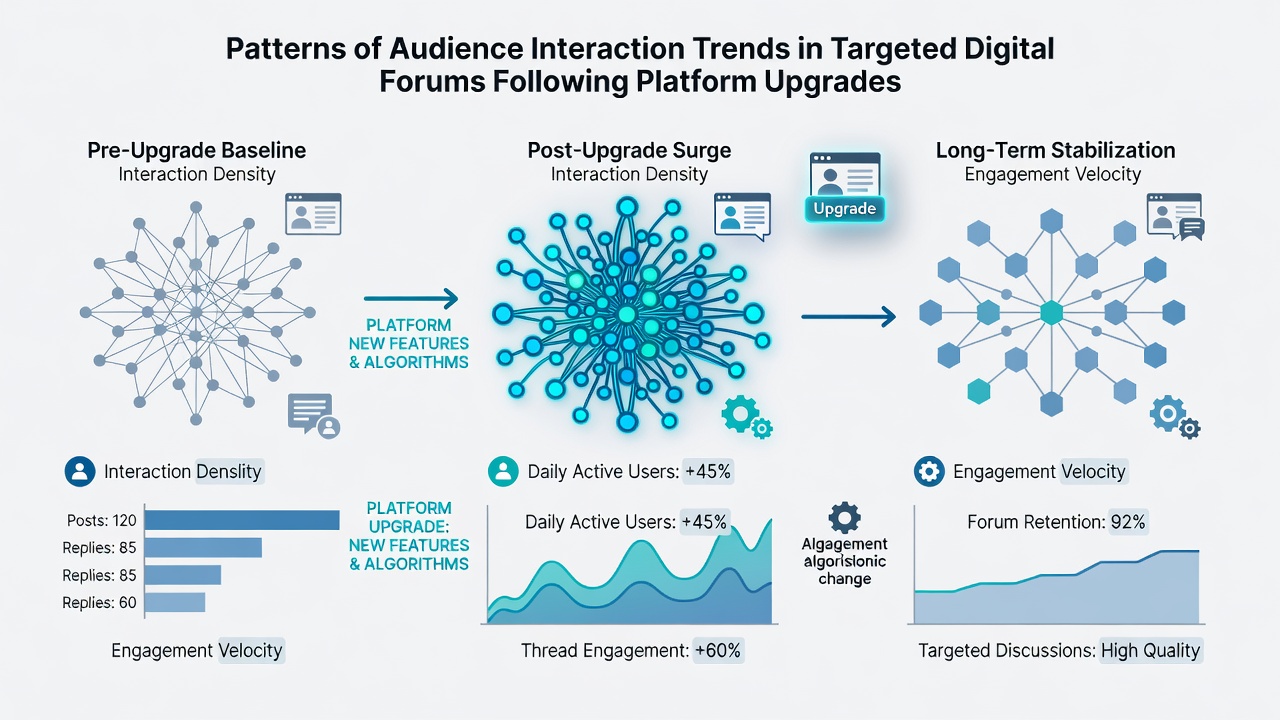 Chart displaying interaction trend lines for targeted forums after major platform changes
