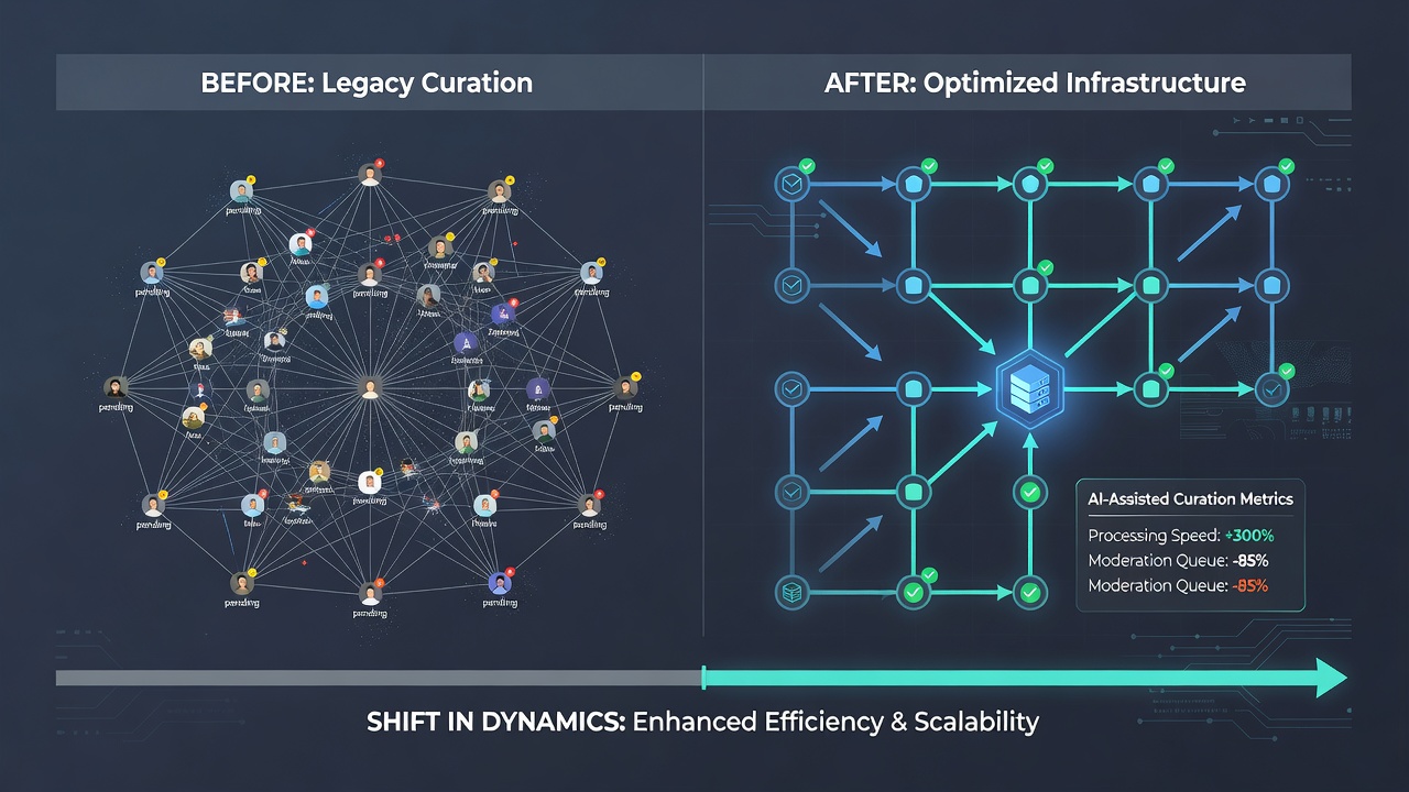 Moderators reviewing updated curation dashboards on Ashona forums following backend migration